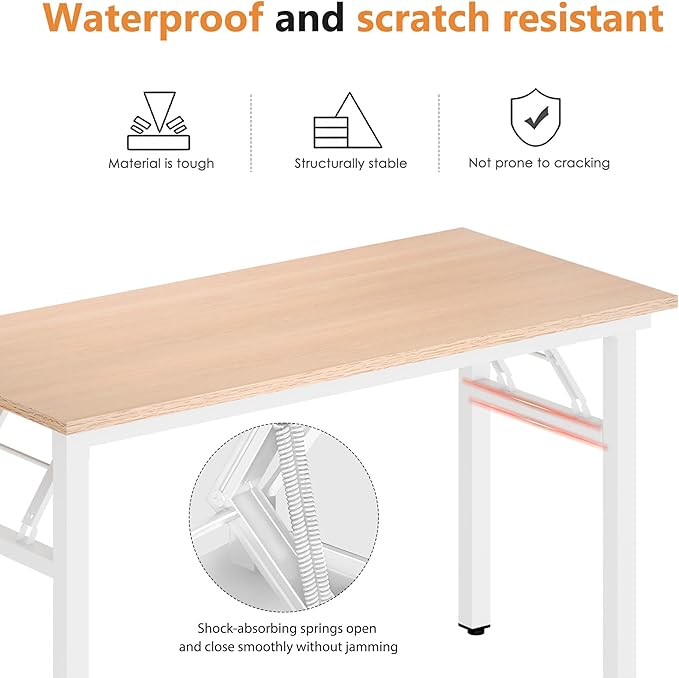 DlandHome 47 inches Folding Table Computer Desk Portable Activity Conference Table Home Office Desk, Fully Assembled Pink Oak Destop with White Frame