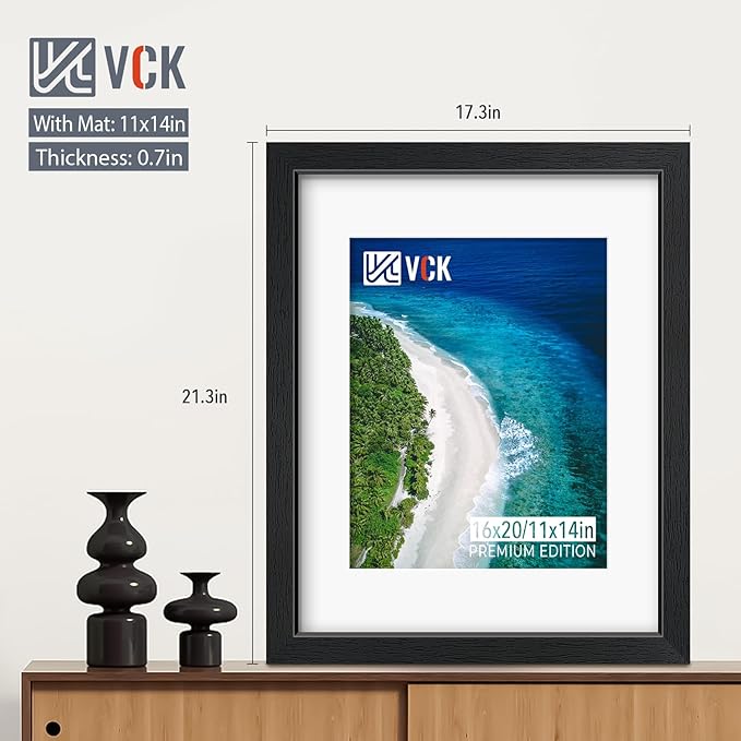 VCK 16x20 Picture Frames Matted to 11x14 Picture Set of 5 Black Wood Photo Frames with Real Glass Desktop and Wall Hanging Frames (Black, 16 x 20)
