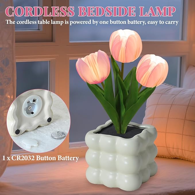 Flower Table Lamp, Tulip Desk LED Night Light for Home Living Room Decor, Artificial Flower with Vase Lamp, Table Centerpieces for Holiday Party Wedding Room Decoration (Pink Tulip - Button Battery)