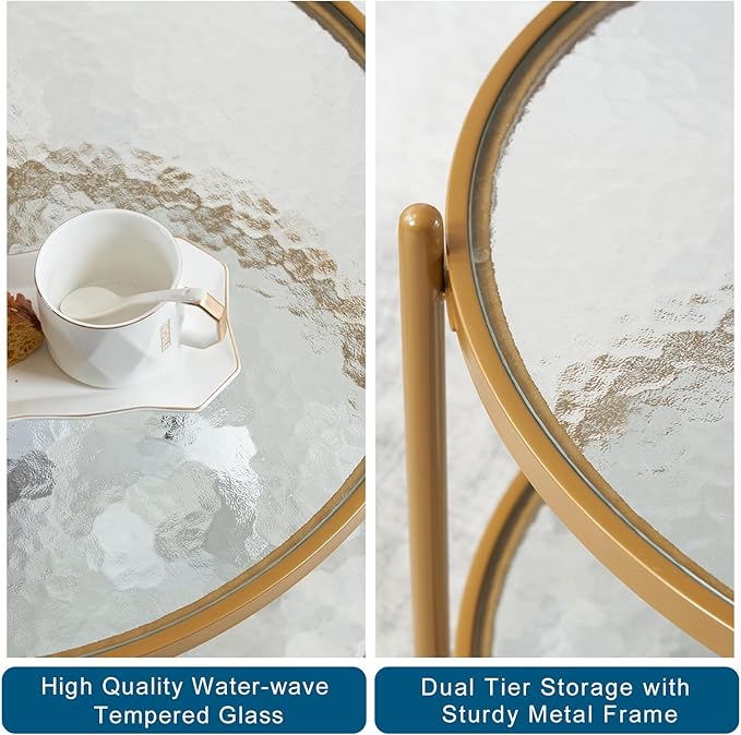 VINGLI 25.6" Small Matte Gold Round Coffee Table Water-Wave Glass Circle Clear Coffee Table, Center Table with 2-Tier Modern Storage Design for Living Room, Bedroom, Meeting Room, Balcony, Patio
