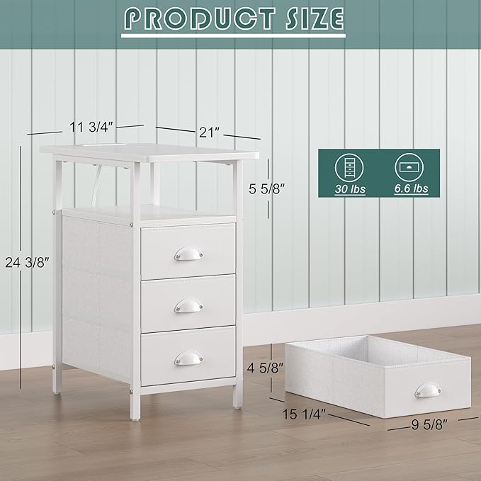 End Table with Charging Station,LED Side Tables with USB Ports and Outlets,Narrow Nightstands Bedside Tables with 3 Drawers PU Finish for Small Space,Slim Sofa Table for Livingroom,White