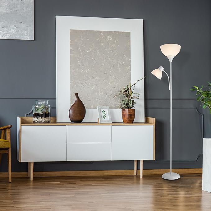 GLOBE Electric 67136 72" Torchiere Floor Lamp with Adjustable Reading Light, Matte White Finish, Frosted Shades, Rotary Switch on Socket, E26 Base (Pack of 2)