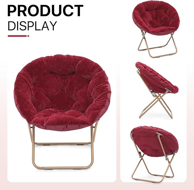 Athena Collection Comfy Saucer Chair Folding Cozy Chair for Bed Room Living Room Accent Chair Faux Fur Reading Chair Foldable Metal Frame Lazy Chair Moon Chair for Adult Set of 2, Red