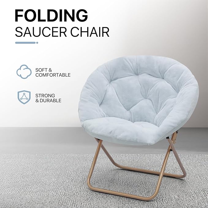 Athena Collection Comfy Saucer Chair Folding Cozy Chair for Bed Room Living Room Accent Chair Faux Fur Reading Chair Foldable Metal Frame Lazy Chair Moon Chair for Adult Set of 2, Blue