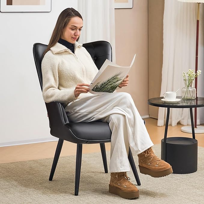 Furniliving PU Leather Accent Chair for Living Room, Upholstered Reading Chair with High Backrest, Tufted-Button Wingback Armchair for Bedroom, Dressing Room, Home Office, Set of 2, Black