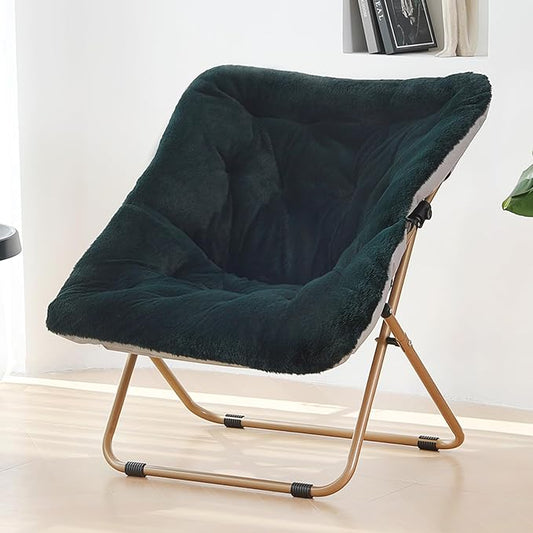 Saucer Chair, Comfy Bedroom Chairs, Oversized Folding Faux Fur Chair, Foldable Metal Frame Chair for Bedroom, Living Room, Balcony, Patio, Study, Playroom (Dark Green)