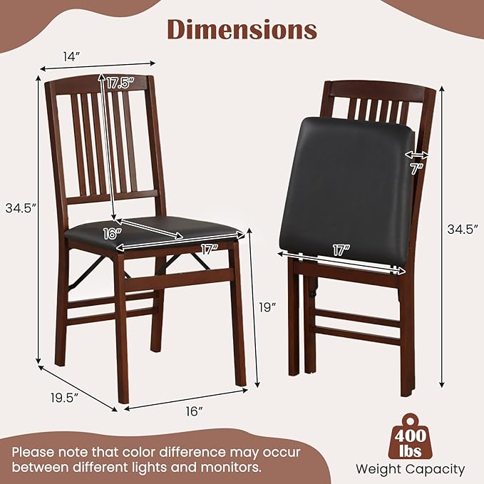 Giantex Folding Dining Chairs Set of 2, Solid Wood Frame, Foldable Wood Kitchen Chairs with Padded Seat, Max Load 400 Lbs, No Assembly, Armless Side Chairs for Apartment Dining Room, Brown & Black