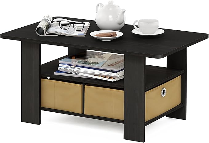 Furinno Andrey Coffee Table, Small Modern Coffee Table with Storage and Bin Drawer, Side Table for Living Room, Bedroom, Home Office, Dark Espresso