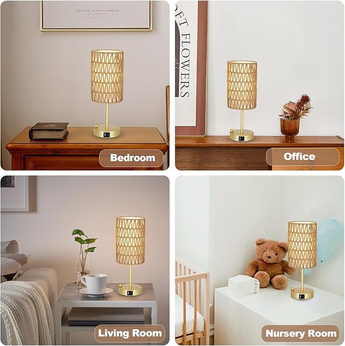 Gold Table Lamp for Bedroom with Bulb, Small Touch Control Table Lamp for Living Room with Rattan & Linen Shade, 3 Way Dimmable Bedside Lamp for Nightstand with USB Charging Port & Phone Stand
