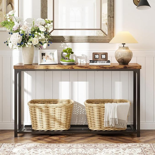 Console Table, Entryway Table, Sofa Table with Mesh Shelves, Console Tables for Living Room, Bedroom, Hallway, Entryway, Foyer (2 Tier, Rustic Brown, 47 inch)