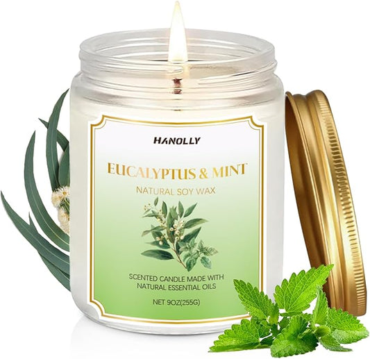 Eucalyptus Mint Candle, 9 oz Scented Candles for Home Soy Candle Wax, Aromatherapy Candles for Women Men, Birthday Christmas Gifts, Perfect for Creating a Relaxing Ambiance