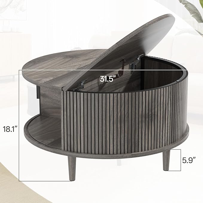 Mid Century Round Coffee Table, Fluted Center Table with Sliding Door, Modern Dining Table with Storage for Home Living Room Office, 31.5", Gray