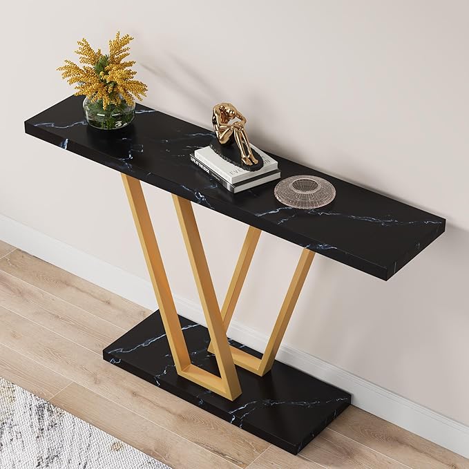 VANOMi Black Faux Marble Entryway Table, Modern Sofa & Console Table Narrow Side Table for Living Room, Entryway, Black