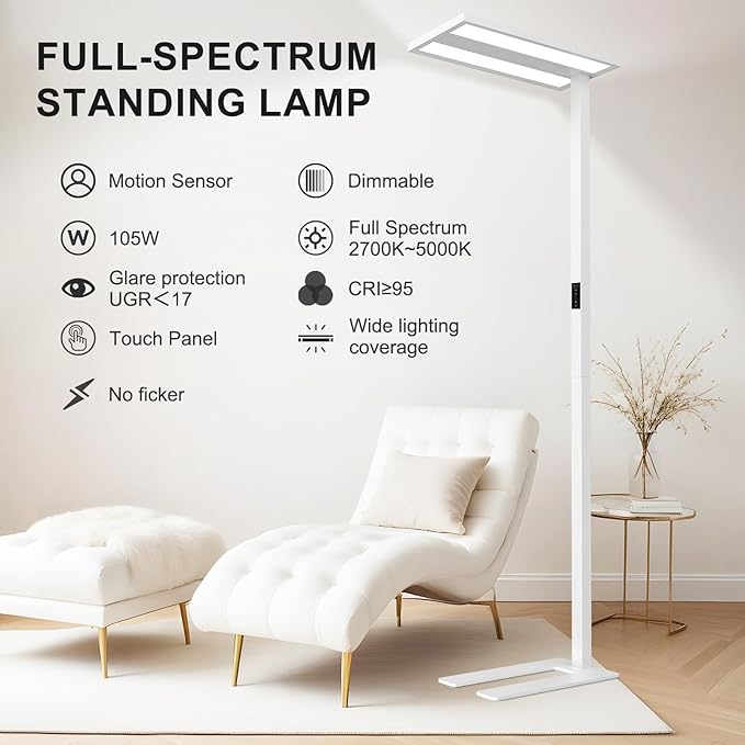 STERREN 76'' Motion Sensor Floor Lamp, 105W Modern LED Floor Lamp, Smart Full-Spectrum Office Standing Lamp, 8400LM Bright Reading Lamp for Study Room,Living Room,Bedroom, 2700K-5000K Dimmable