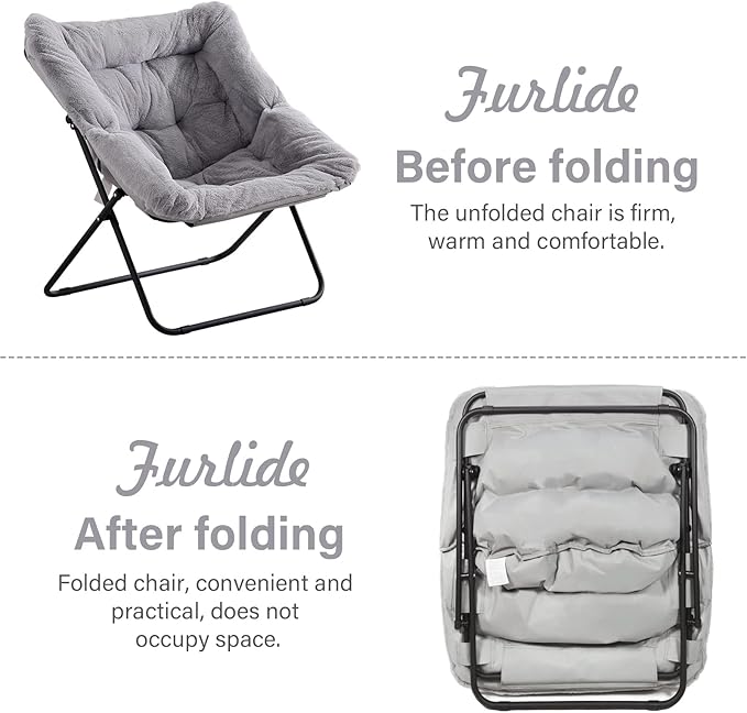 Saucer Chair with Ottoman, Oversized Foldable Faux Fur Chair, X-Large Soft Dorm Chair, Patio, Study, Playroom (Grey)