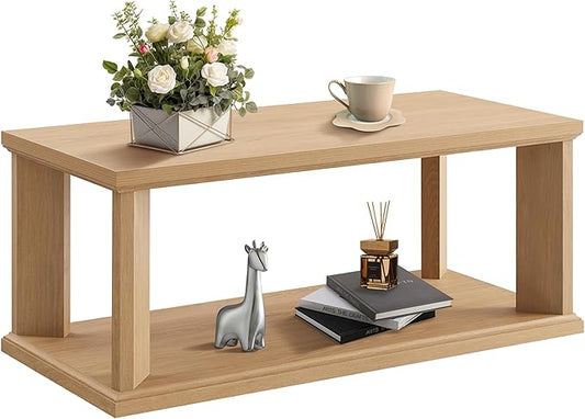 48“ Coffee Table, Wooden Center Table with 2 Tier Storage Shelves and Thick Legs, Rectangular Living Room Table Modern Farmhouse Coffee Table for Living Room, Home Office, Bedroom, Apartment, Oak