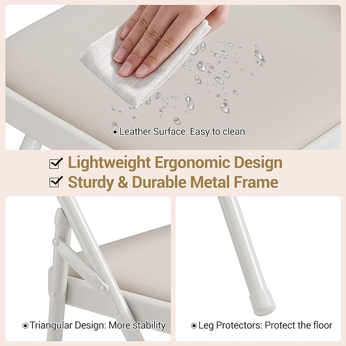 IDEALHOUSE 4 Pack Folding Chairs with PU Leather Padded Cushion, 350lbs Capacity, Lightweight Ergonomic Design, Metal Frame, Indoor Outdoor Portable Stackable Seats for Home Office Party Events，Beige