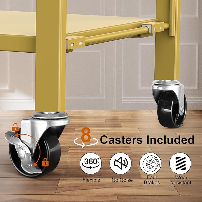 Himix 6 Tier Foldable Storage Shelves, Expandable Folding Bookshelf with Wheels, Changeable into 2 Shelf Units, Collapsible Adjustable Storage Rack Metal Shelves for Garage Kitchen, Basement, Gold