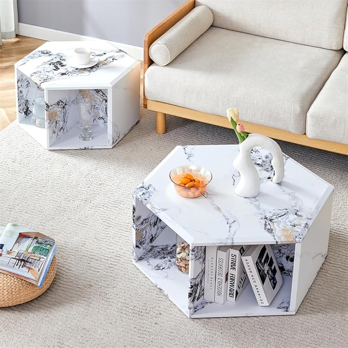 Faux Marble Coffee Table Set for 2, Modern Living Room Table Set, White Center Table Set, No Assembly Required - Ready to Use