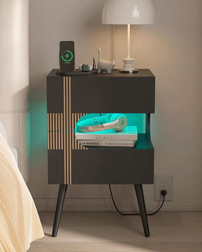 Black Nightstand with Charging Station and LED Lights,Modern Bedside Table with 2 Storage Drawer,Night Stand with Solid Wood Legs,White (Black-2)