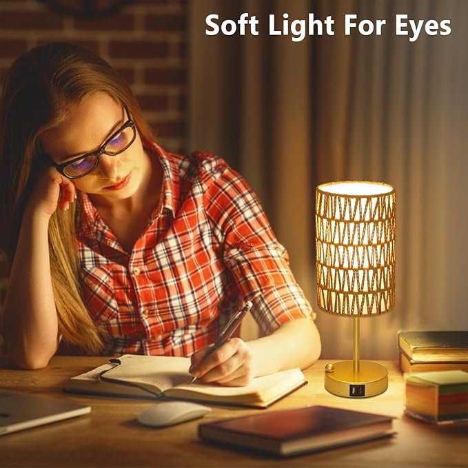 Gold Table Lamp for Bedroom with Bulb, Small Touch Control Table Lamp for Living Room with Rattan & Linen Shade, 3 Way Dimmable Bedside Lamp for Nightstand with USB Charging Port & Phone Stand