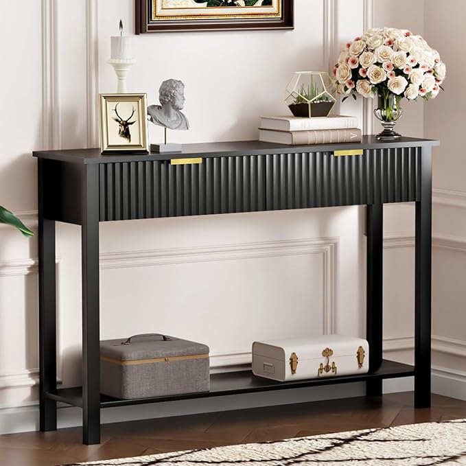 Black Entryway Console Table with 2 Fluted Drawers and Gold Handles, 47.2" Modern Sofa Table with Storage Shelf for Living Room and Hallway