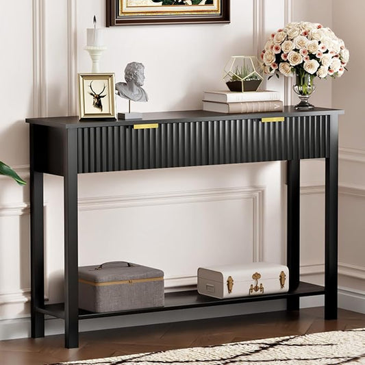 Black Entryway Console Table with 2 Fluted Drawers and Gold Handles, 47.2" Modern Sofa Table with Storage Shelf for Living Room and Hallway