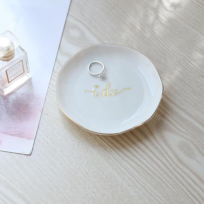 HOME SMILE I Do Ring Dish,Engagement Engaged Wedding Bridal Gifts for Newly Engaged Friend,Daughter, Sister,Newlyweds,BFF,Ceramic White