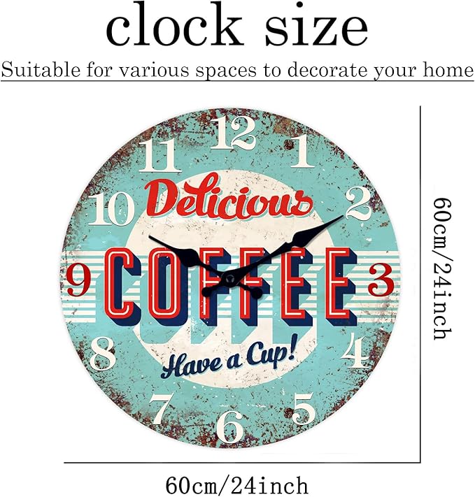 XFM Coffee Bar Wall Clock 24 Inch Blue Wooden Wall Clocks Battery Operated Silent Non-Ticking Retro Round Clocks for Kitchen Cafes Farmhouse