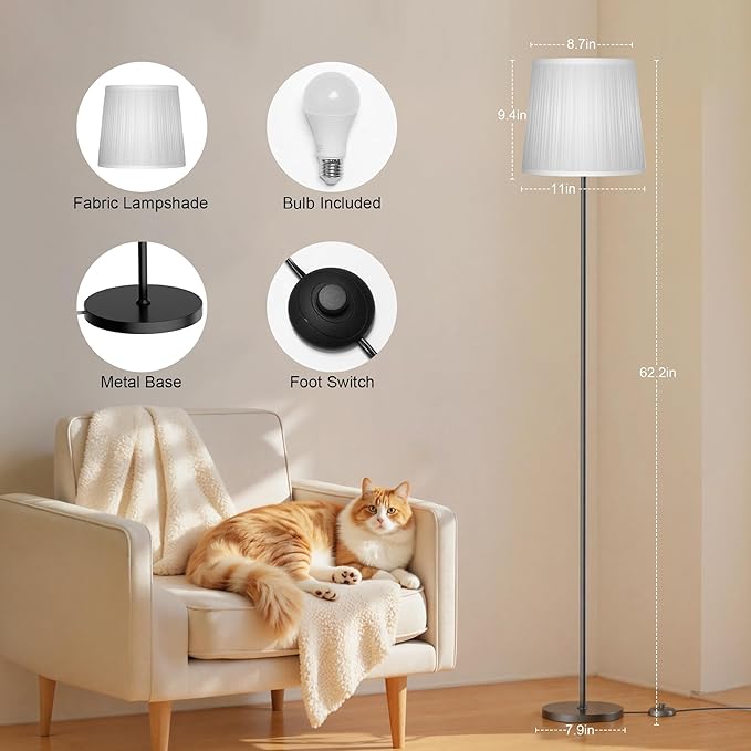 Floor Lamp with Pleated Shade - 3 Color Temps LED Standing Lamp with Foot Switch, 9W E26 Bulb Included, 62" Floor Reading Light for Living Room Bedroom Office Corner Dorm Kids, Black