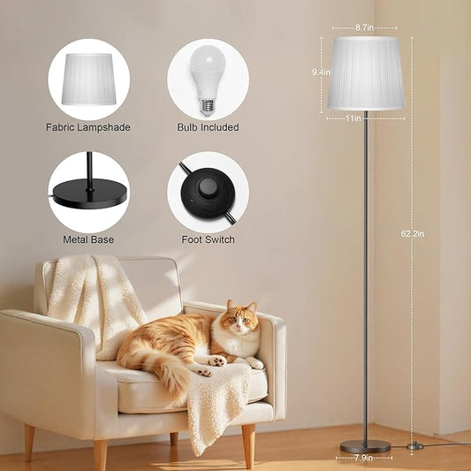 Floor Lamp with Pleated Shade - 3 Color Temps LED Standing Lamp with Foot Switch, 9W E26 Bulb Included, 62" Floor Reading Light for Living Room Bedroom Office Corner Dorm Kids, Black