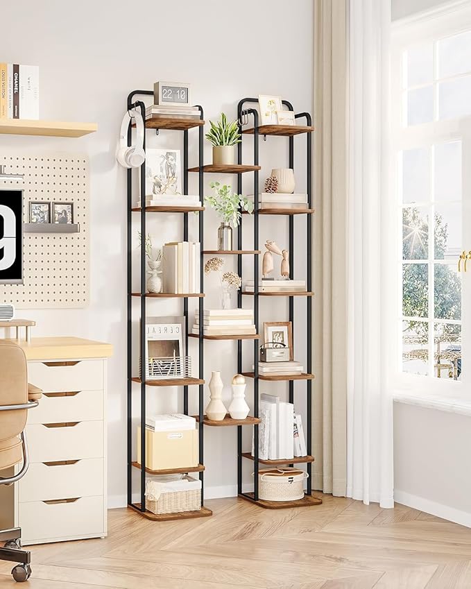 10 Tiers Vertical Shoe Rack, Narrow Shoe Tower, Tall Shoes Shelf with 2 Hooks, Adjustable Shelves, Corner Shoes Shelves for Small Spaces, Entryway, Living Room, Rustic Brown SR11201B