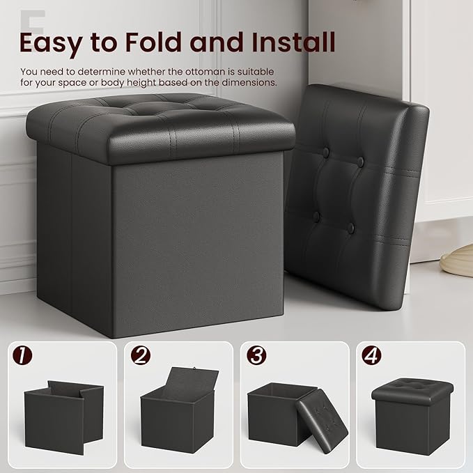 YOUDENOVA 15 inches Folding Storage Ottoman, Cube Storage Boxes, Small Ottoman with Foam Padded Seat, Support 300lbs (Black, Leather)