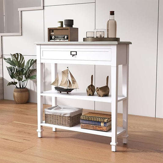 kinbor Accent White Console Table with Drawer and Shelf, Wood Sofa Table with Storage for Entryway Hallway Living Room
