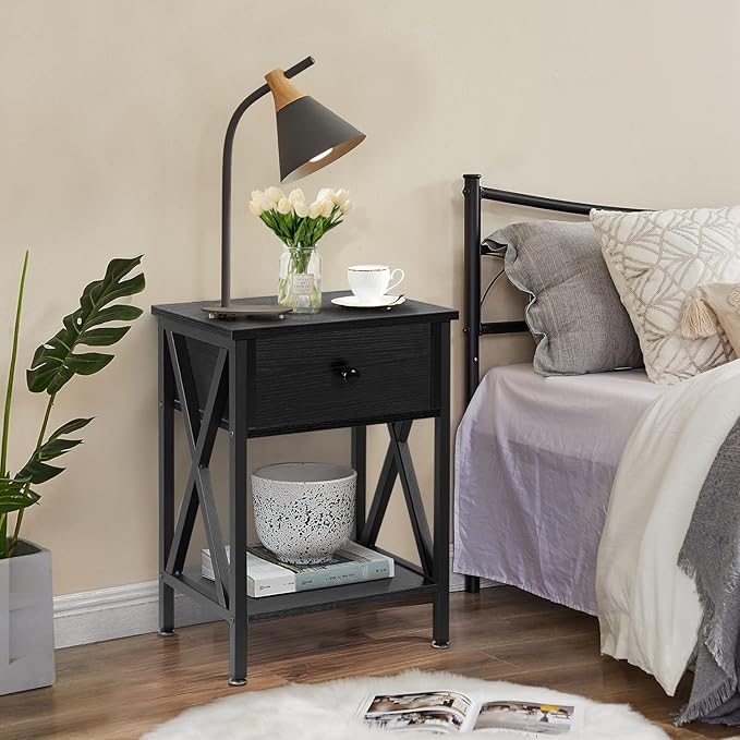 VECELO Nightstands, Modern End Side Tables,Night Stand with Drawer &Storage Shelf for Bedroom Living Room Office Lounge, 2, Black