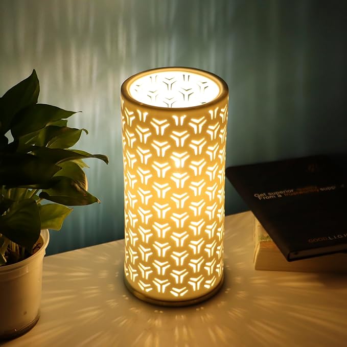 Small Modern Ceramics Bedside Table Lamp, 4.5 x 4.5 x 9.75 Inch White Triangle Style Nightstand Lamps, Side Table Lamps for Bedroom Living Room Entryway Table Light