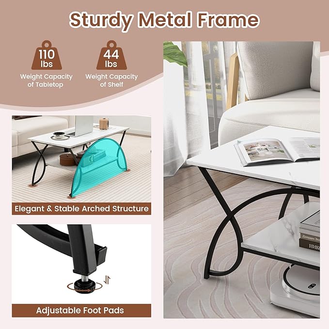 Giantex 2-Tier Rectangular Coffee Table, Faux Marble Table with Open Storage Shelf, Black Finished Metal Frame, Modern Center Table for Living Room, Reception Room (White+Black)