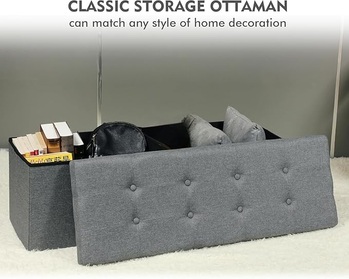 PINPLUS Folding Storage Ottoman Bench, Grey Linen Long Ottoman Chest Foot Rest Stool with Padded Seat, Chest with Tray, Bedroom Bench with Storage, 43.3inches