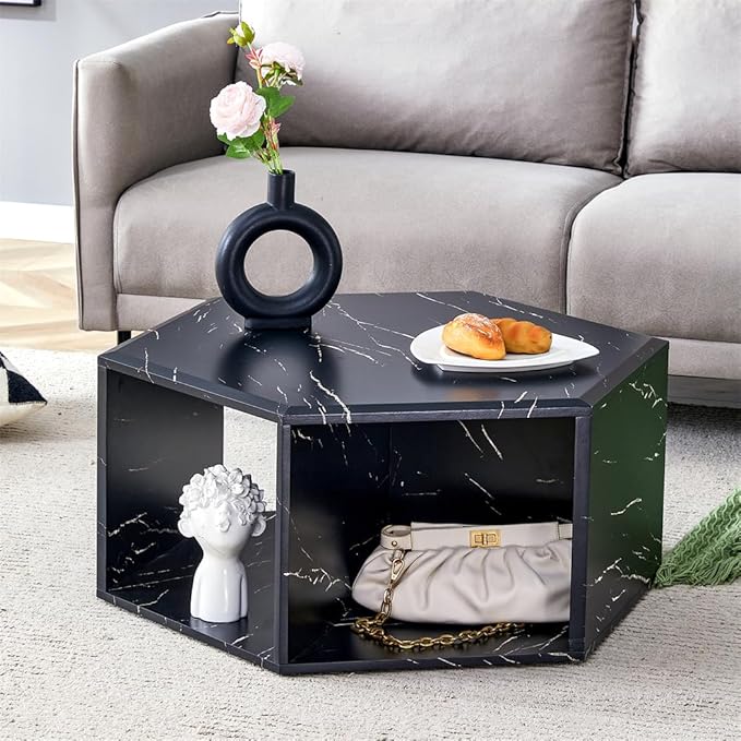 Modern Faux Marble Coffee Table with Storage, Geometric Living Room Table, Black Hexagon Tabletop with Compartments for Books, Decor & Drinks