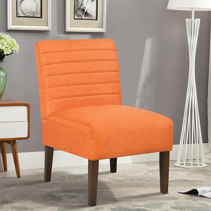 Slipper Accent Chair Modern Armless Lounge Chair with Wood Legs Upholstered Makeup Vanity Tufted Side Chair Fabric Comfy with Decor Back for Living Room Bedroom Patio (Horizontal Back, Orange)