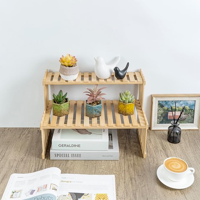 MyGift Natural Bamboo Indoor Plant Stand for Desk, 2 Tier Desktop Shelf Organizer Rack with 2 Slatted Shelves
