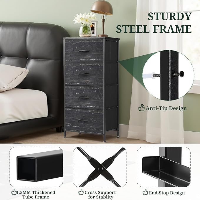 Nightstand, 4 Drawer Dresser End Table Bedside Furniture with Wooden Top Steel Frame Fabric Bins for Bedroom, Closet, Entryway, Dorm, Living Room, Charcoal Black
