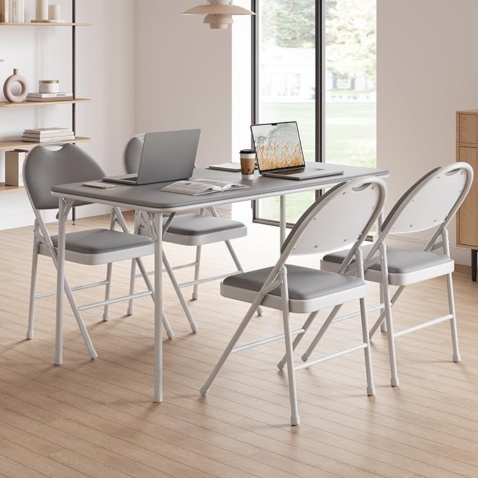 4 Pack Folding Chairs with PU Leather Padded Cushion, 350Lbs Capacity, Lightweight Ergonomic Design, Metal Frame, Indoor Outdoor Portable Stackable Seats for Home Office Party Events,Gray