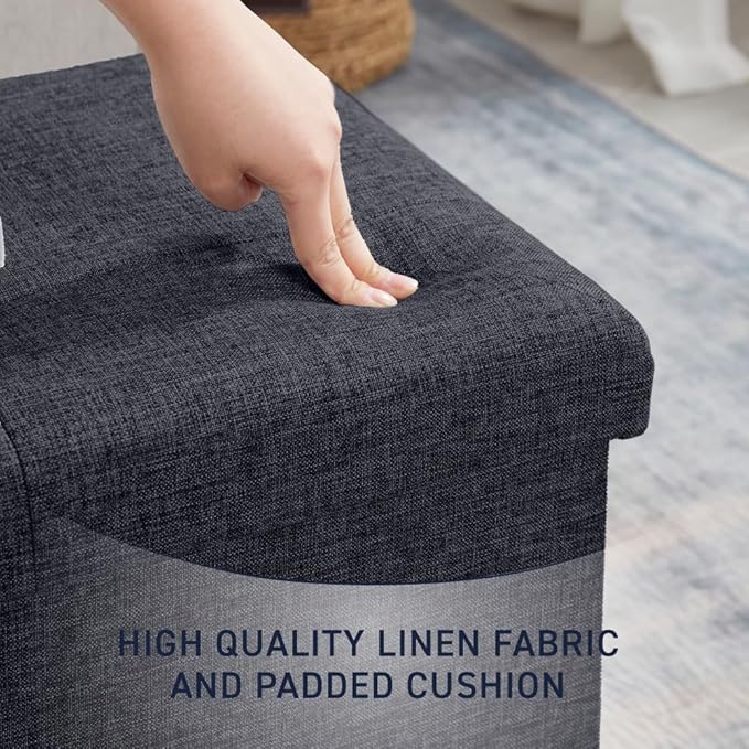 Ornavo Home Foldable Tufted Linen Large Storage Ottoman Bench Foot Rest Stool/Seat - 15" x 30" x 15" (Black)