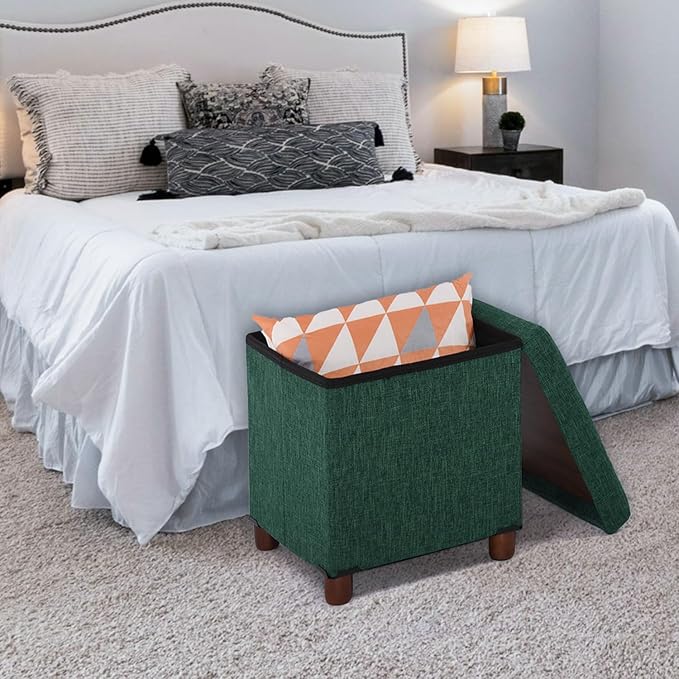 15 Inches Storage Ottoman with Wooden Legs, Cube Foot Rest Stool/Square Footstool Storage for Living Room, Foldable Fabric Ottoman, Comfortable Seat with Lid, Space-Saving Green