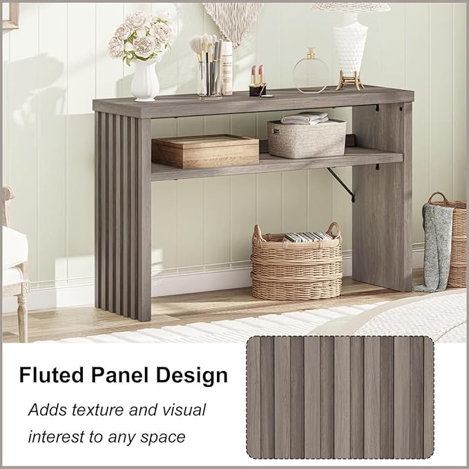BON AUGURE Sofa Console Table, Wood Entryway Table, Grey Behind Couch Tables with Open Storage, Modern Narrow Hallway Tables (Greige Oak, 47 Inches)