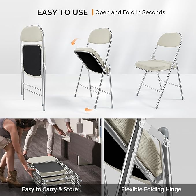 VINGLI 4 Pack Folding Chairs with Padded Seat & Backrest, Metal Frame, Durable Corduroy Fabric, 350 lbs Capacity, Set of 4, Off-White – Ideal for Weddings, Parties, Office Events