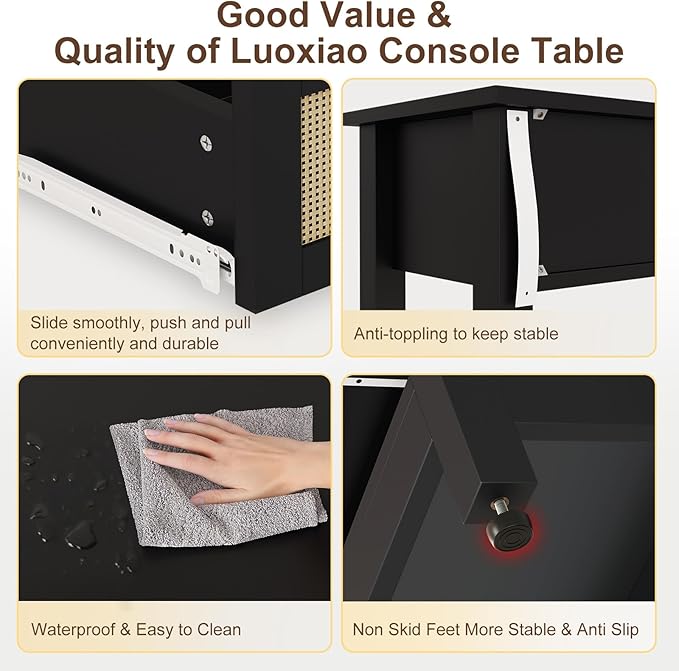 Luoxiao Entryway Console Table with 3 Rattan Drawers - Long Sofa Table Behind Couch Modern Fluted Hallway Living Room Storage Cabinet, Entry Table Open Shelf Foyer Furniture, Anti-Tip, Black, 47 Inch