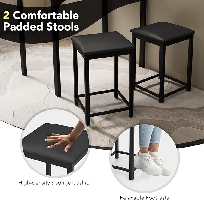 Giantex Dining Table Set for 2, Counter Height Bar Table with Faux Marble Pattern Tabletop, 2 Padded Bar Stools, Footrests, Metal Frame, Dinette Set for Kitchen Small Space Breakfast Nook Pub, Brown