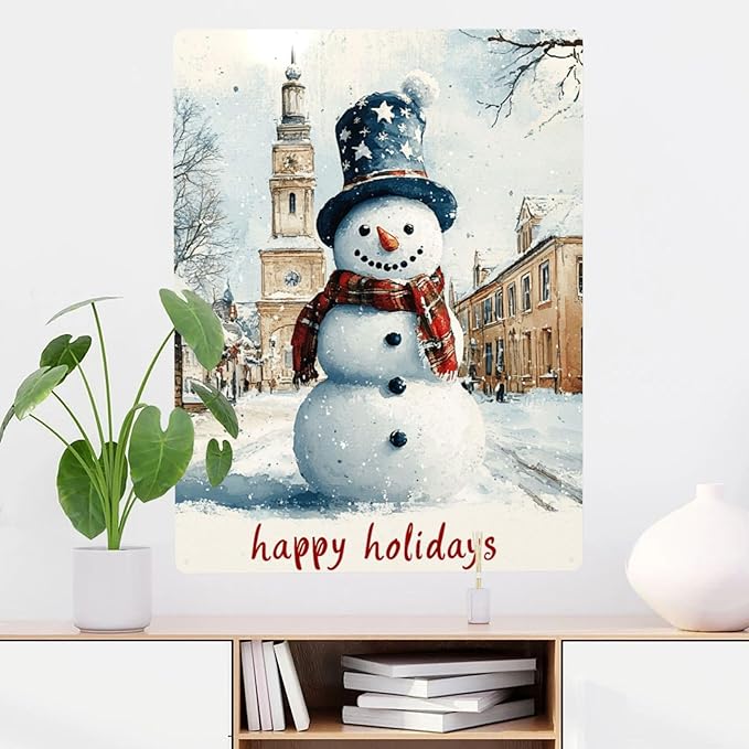Cafemira Metal Signs,Happy Holiday Snowman,Tin Sign Art Wall Home Decor,Metal Plaque,For Cafe,Living Room,Bedroom,Office,Indoor Outdoor Decor,Practical Decorative Poster.Easy To Hang,12x16 Inch